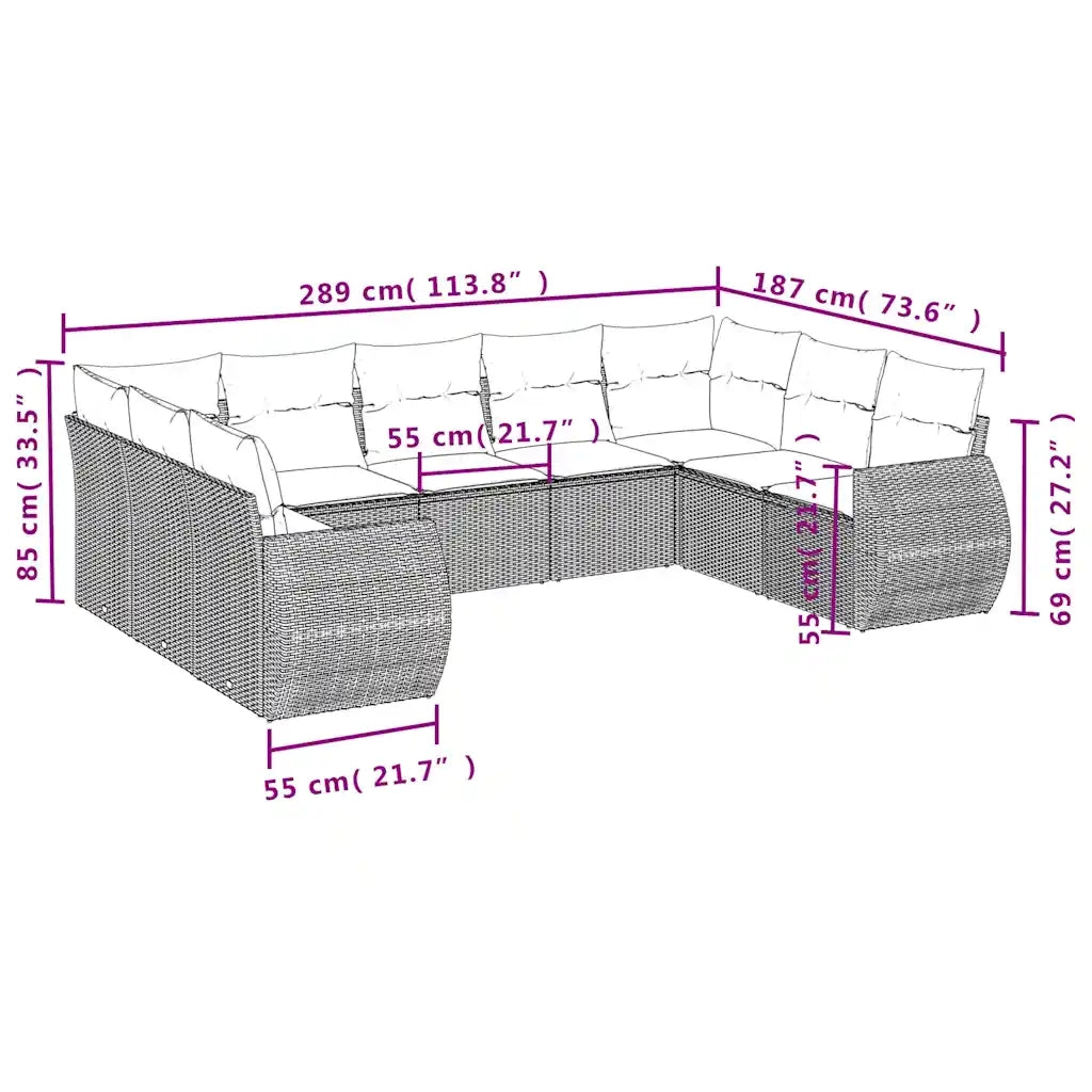 Set Divani da Giardino 9 pz con Cuscini Grigio in Polyrattan 3221800