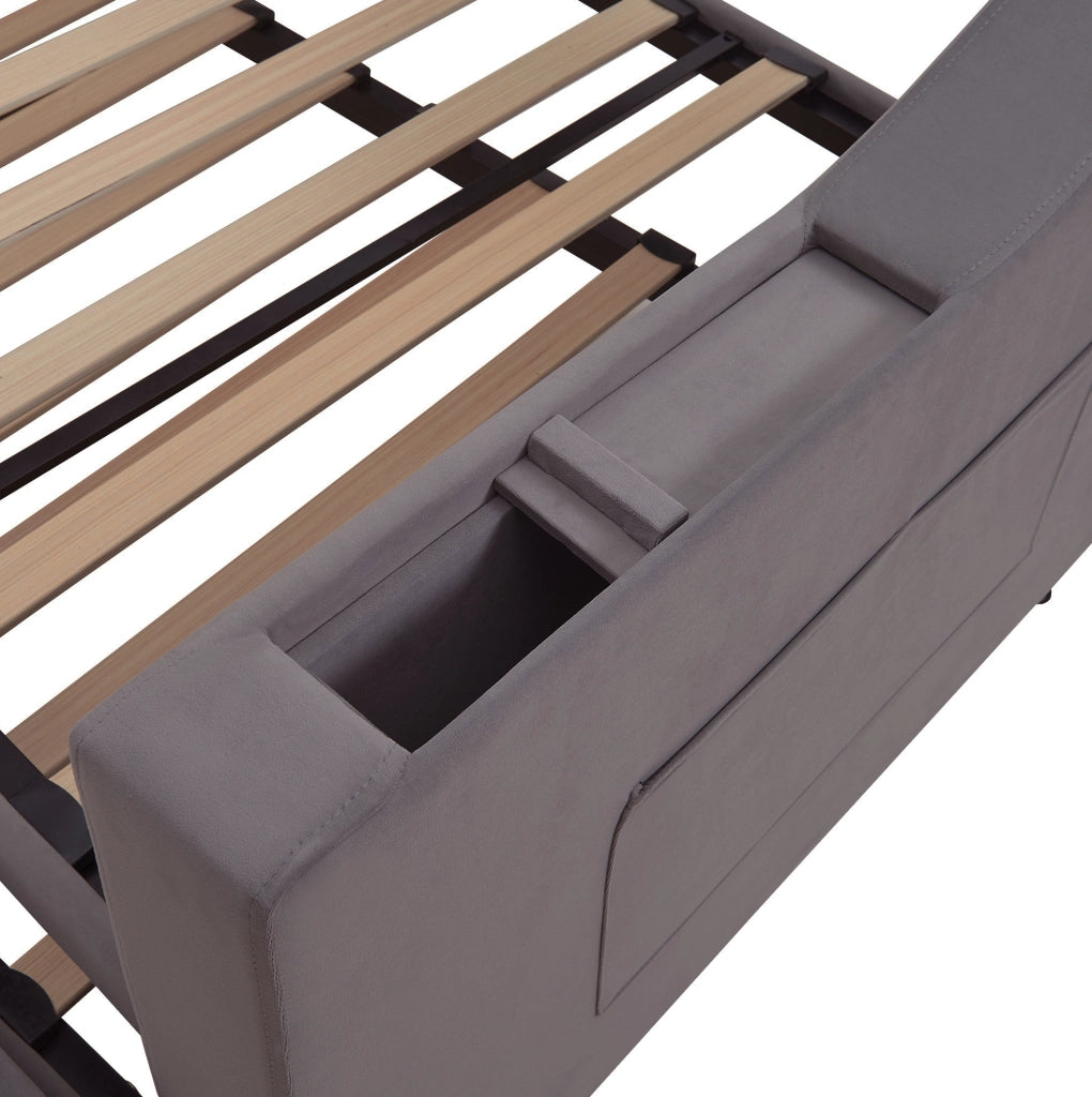 Divano letto imbottito estraibile 90x190/180x190 cm in velluto grigio con USB e Type-C