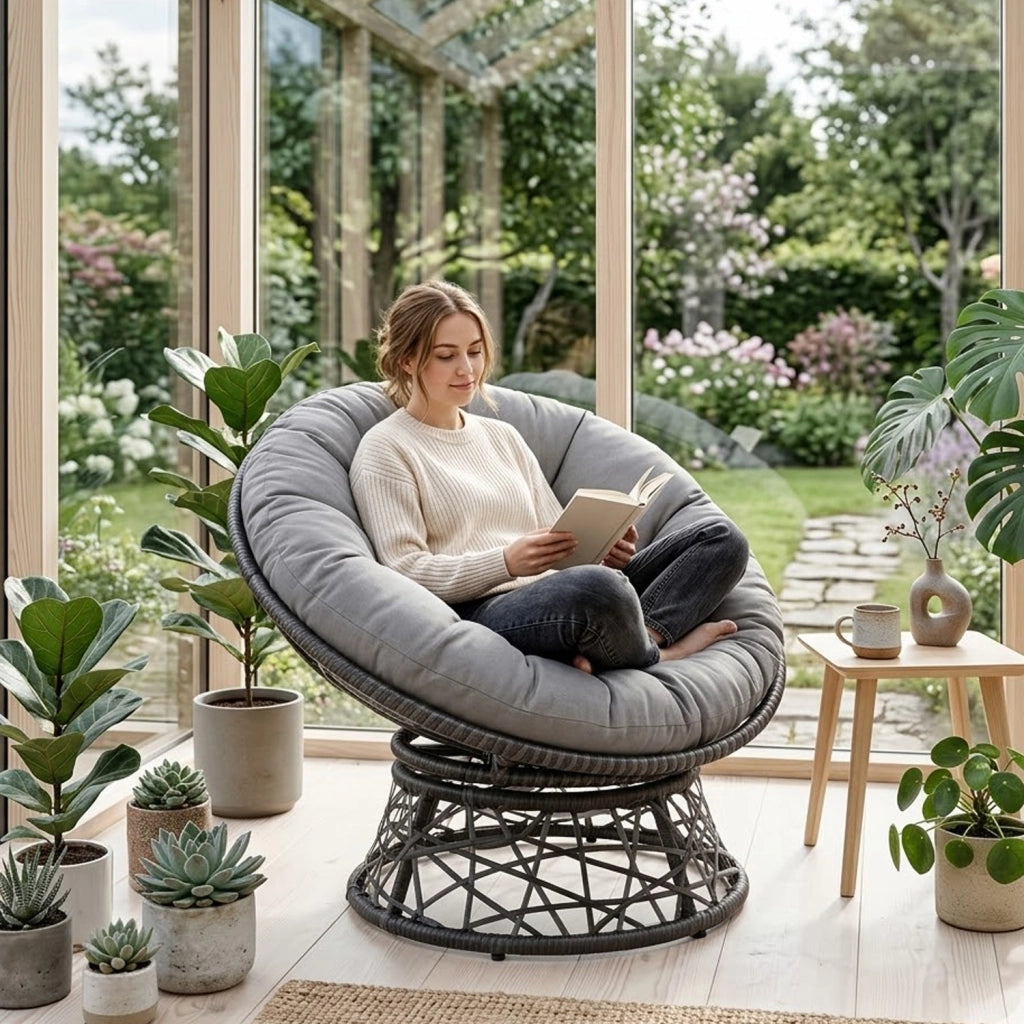 Poltrona Relax Girevole Da Esterno Con Cuscino Imbottito Seduta Rotazione 360 Gradi Per Giardino 64 x 80.5 Cm Grigio