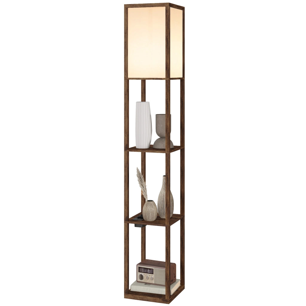 Lampada da Terra con Ripiani ¨C Zephmum ¨C Marrone, Luce Regolabile, Interruttore a Pedale, Porte USB