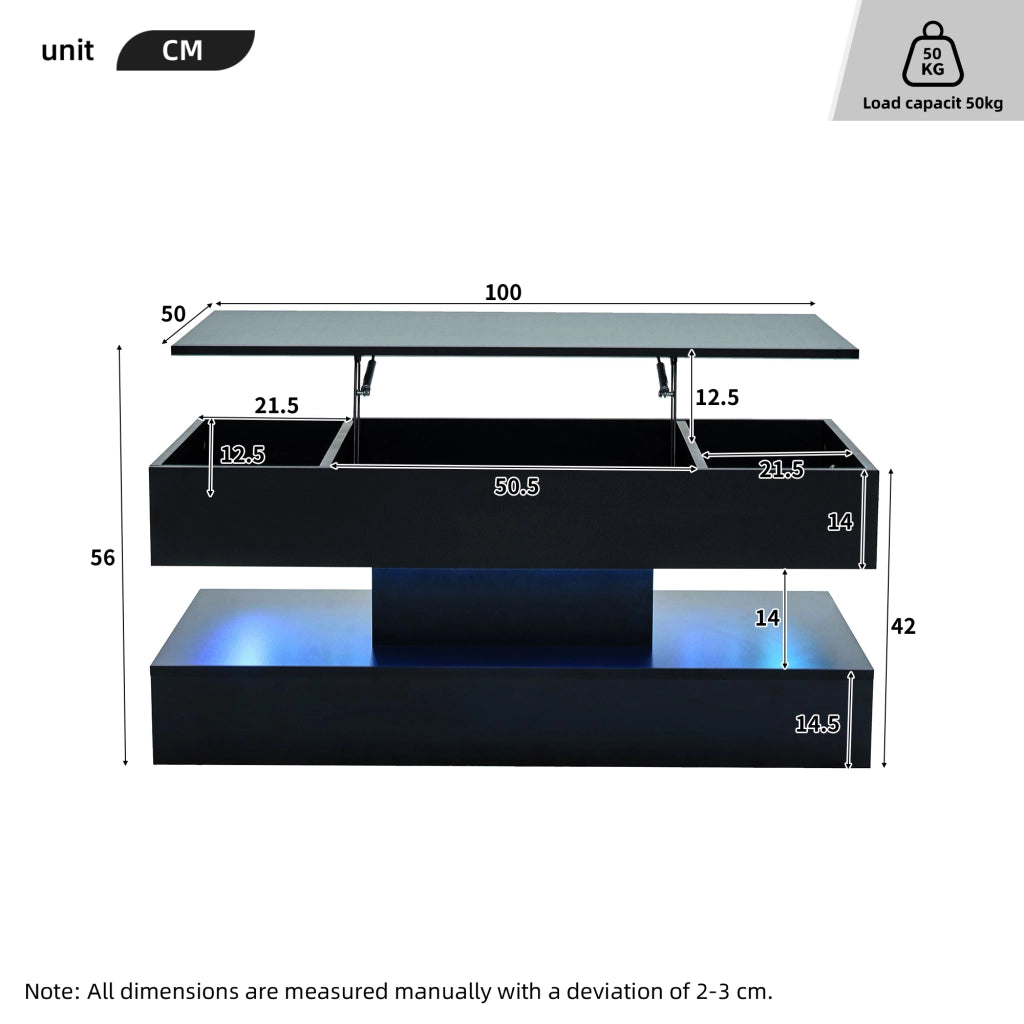 Tavolino da caffè con piano alzabile; vano contenitore e LED - per soggiorno - in pannello truciolare - 100×50×42 cm - nero