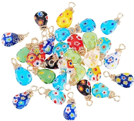 Hanger a Lampo 30 pezzi - Hanger a Teardrop Millefiori - Charms di Perle Colorati - Orecchini/Bracciali Fai da Te - Creazione di Gioielli - 17 x 7mm