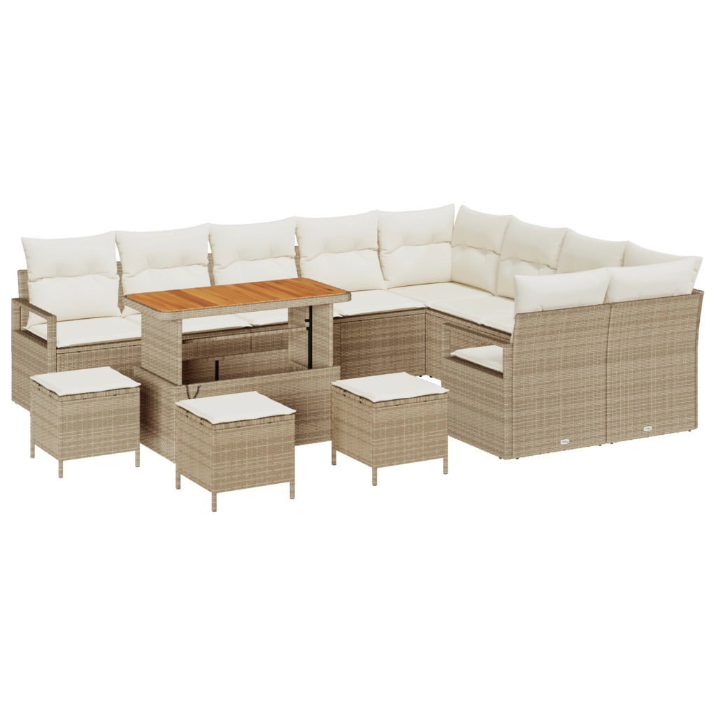 Set Divano da Giardino  13 Pezzi con Cuscini Beige Polyrattan Acacia