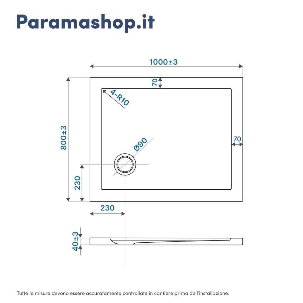 Piatto doccia 80x100 cm bianco lucido bordato in acrilico rinforzato | Asteios