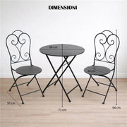 SET TAVOLO + 2 SEDIE IN METALLO GRIGIO SCURO PIEGHEVOLE PER GIARDINO