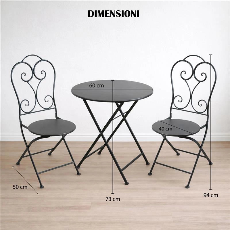 SET TAVOLO + 2 SEDIE IN METALLO GRIGIO SCURO PIEGHEVOLE PER GIARDINO