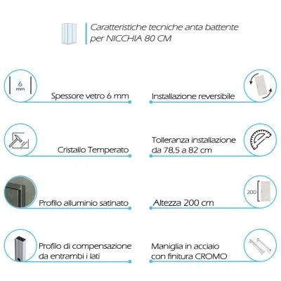 Porta doccia nicchia 80 cm a battente con vetro in cristallo trasparente Ted