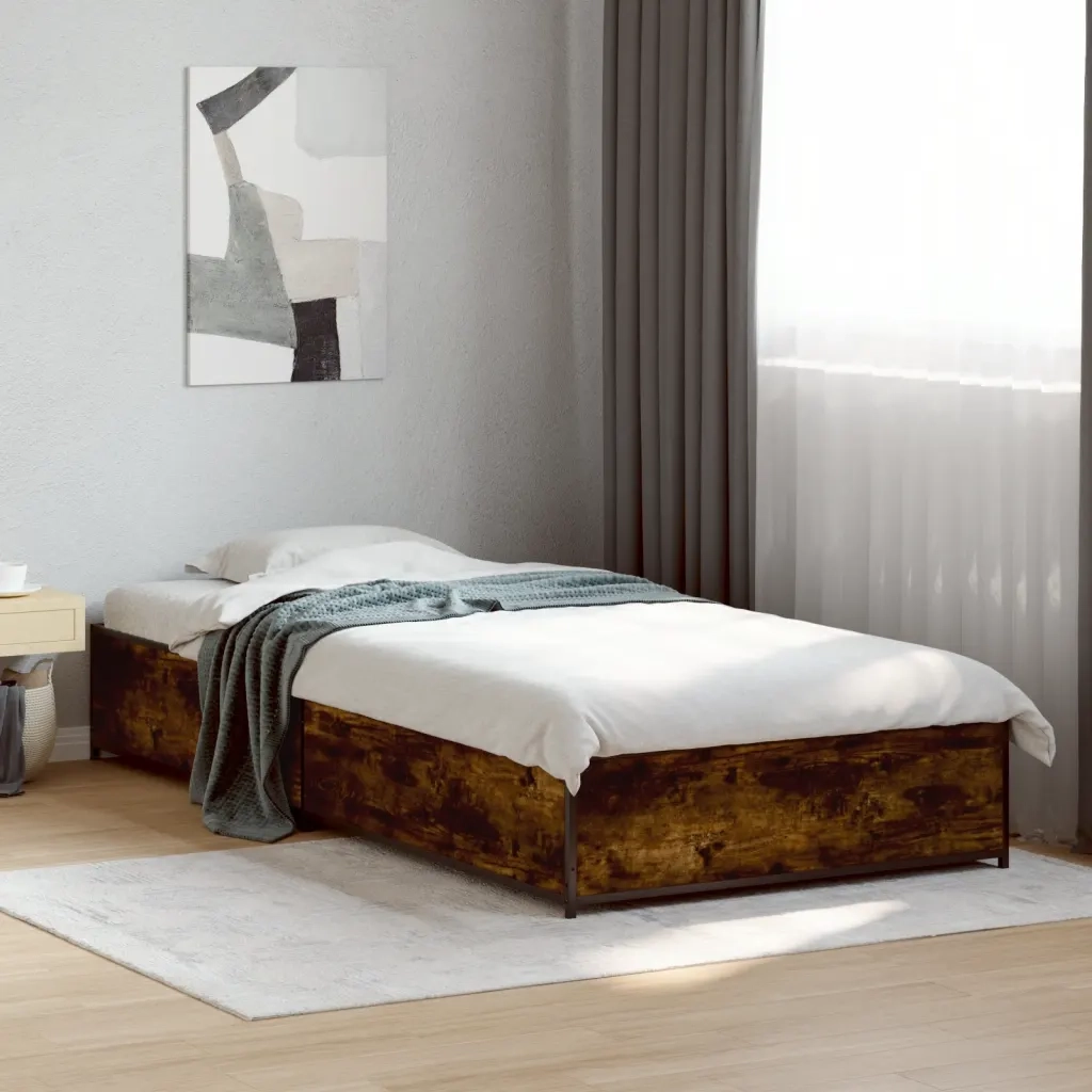 Letto singolo | Letto per adulti | Giroletto Rovere Fumo 75x190 cm in Legno Multistrato e Metallo
