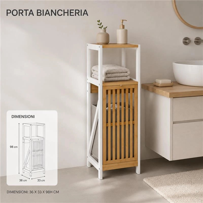 MOBILE DA BAGNO IN LEGNO CON ANTA E RIPIANO IN BAMBOO E PORTABIANCHERIA IN TESSUTO - COLORE BIANCO DIMENSIONI 36X33X98 CM