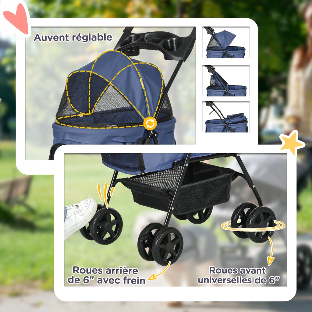 Passeggino pieghevole per cani e gatti ¨C Xylo ¨C 4 ruote, tessuto Oxford 300D impermeabile, blu scuro