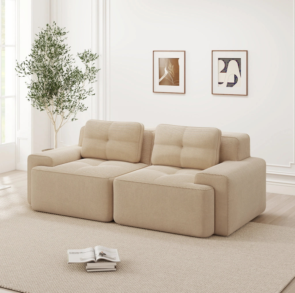 Divano modulare boneless in corduroy beige; seduta profonda 74 cm