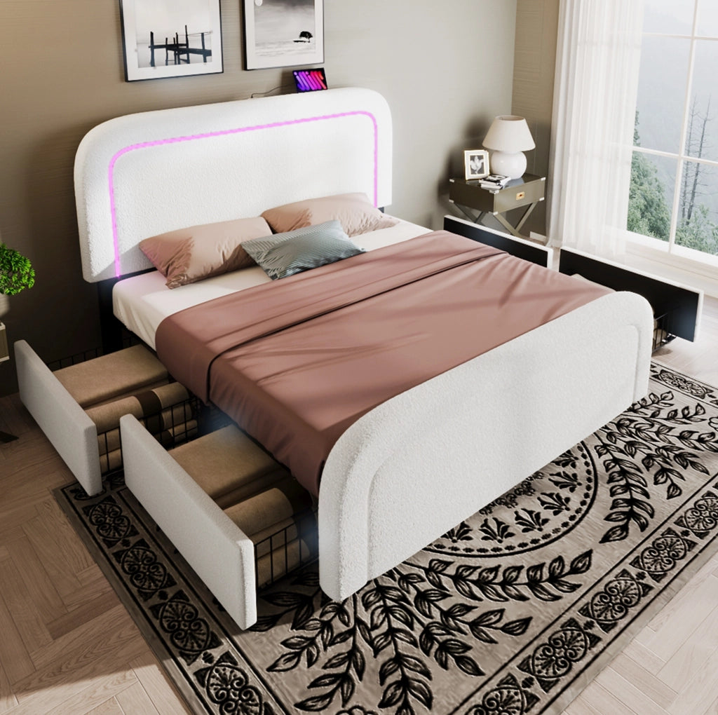 Letto imbottito 140x200 cm in Sherpa bianco con LED, USB/Type-C e 4 cassetti