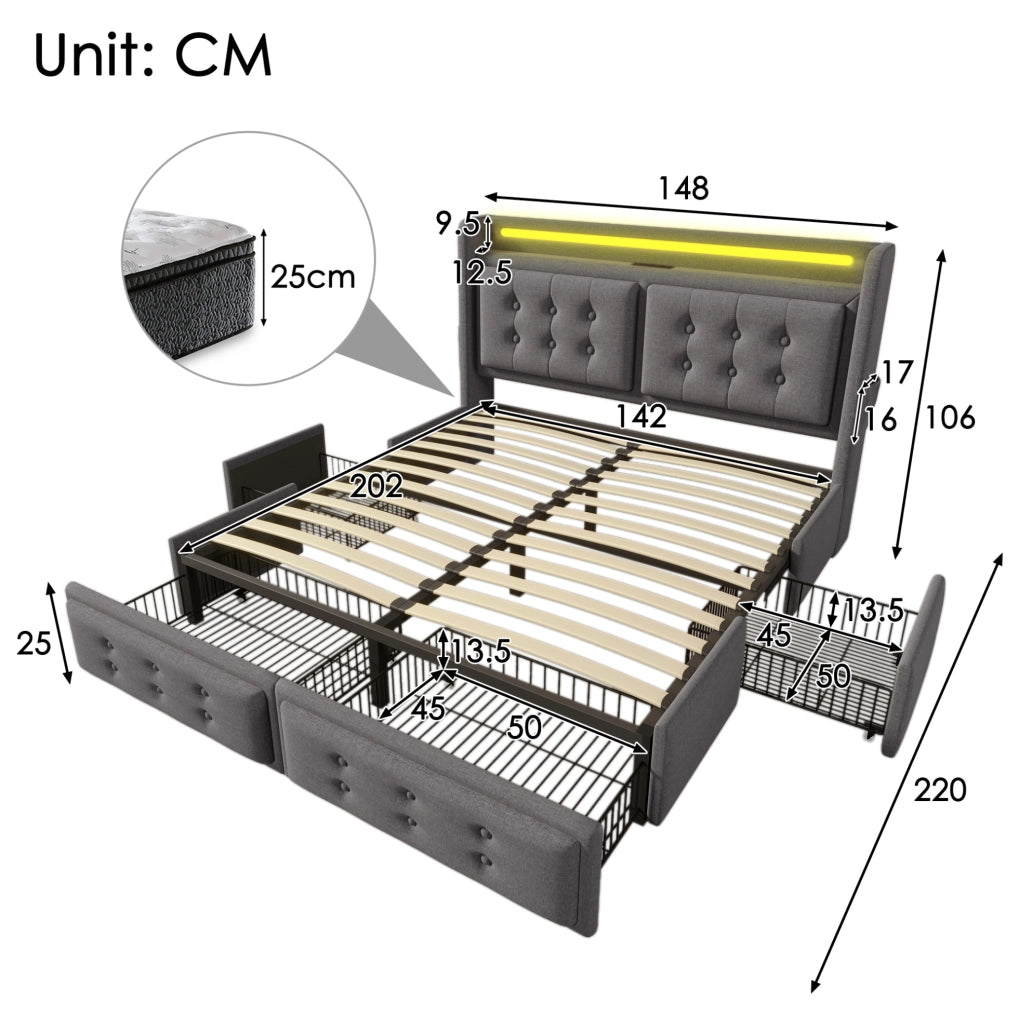 Letto matrimoniale imbottito 140x200 cm in cotone e lino grigio con LED e USB