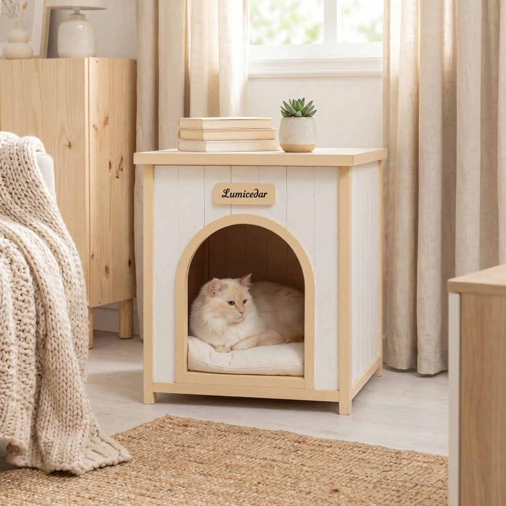 Cuccia Arredo per Cane o Gatto 53×51;6×60 cm con Piano Superiore e Cuscino Lavabile; Bianco Crema