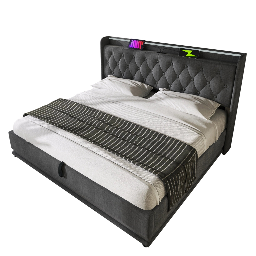 Letto imbottito 180x200 cm grigio in lino con LED; testiera con USB e vano contenitore idraulico