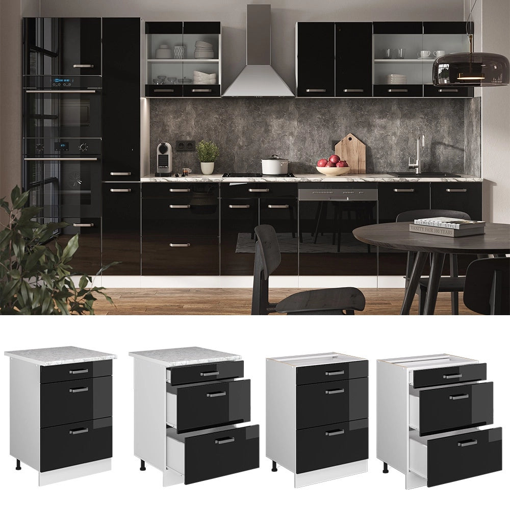 Mobiletto base per cucina R-Line Nero lucido/Bianco 60 cm con cassetti, senza piano di lavoro Vicco
