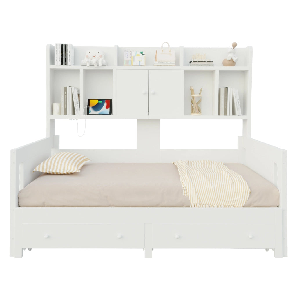 DESMIU Letto Divano 1 Posto con 2 Cassetti, Vani, Presa e LED, 90 × 190 cm e 180 × 190 cm, Senza Materasso