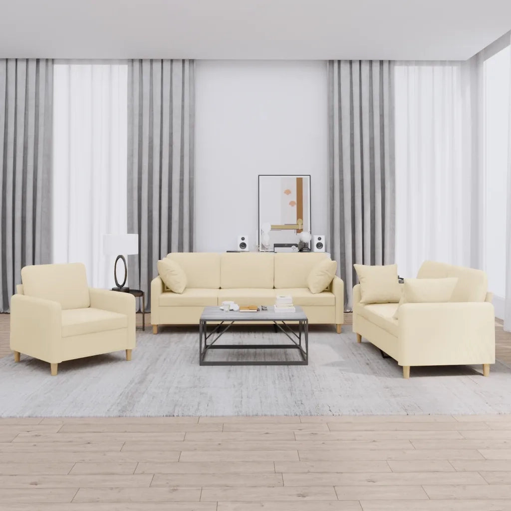 Set Divani 3 pz con Cuscini Crema in Tessuto