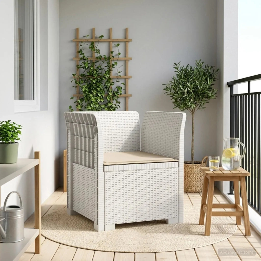 Sedia da giardino-Poltrona a 1 Posto con Cuscino Aspetto Rattan PP Bianco 994168