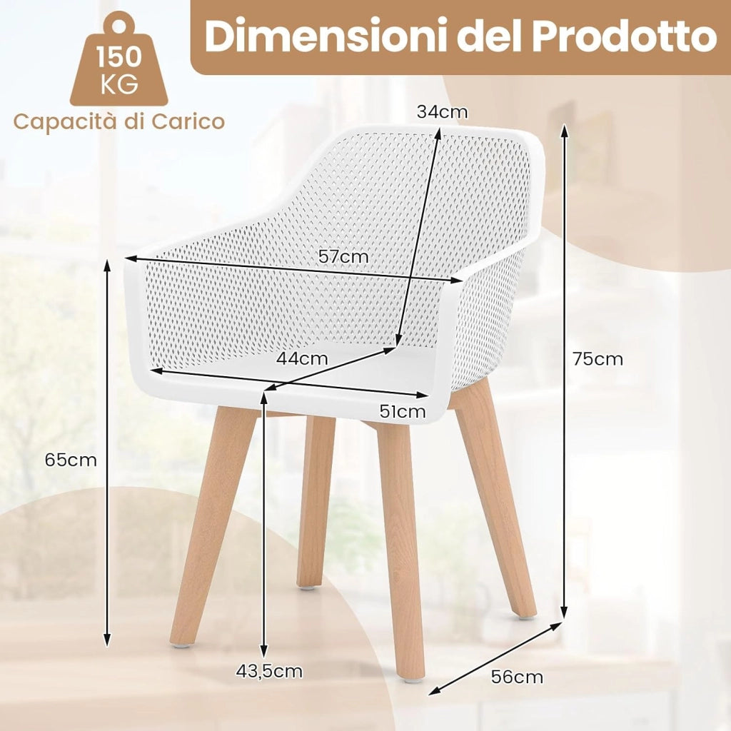 Set di 2 Sedie da Pranzo Moderne, Sedie in Plastica con Gambe in Legno, Schienale Traforato Traspirante e Seduta Ampia, Portata 150 kg, Ideale per Sala da Pranzo, Caffè e Soggiorno