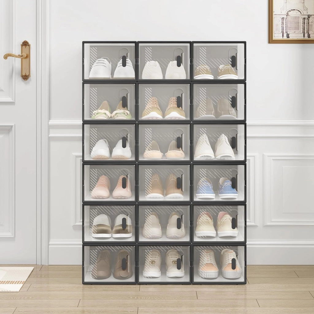Set di 18 Scatole per Scarpe Trasparenti, Porta Scarpe Impilabile, Scarpiera con Coperchio Magnetico, in Plastica per Guardaroba, Trasparente e Nero, 35x25x19cm