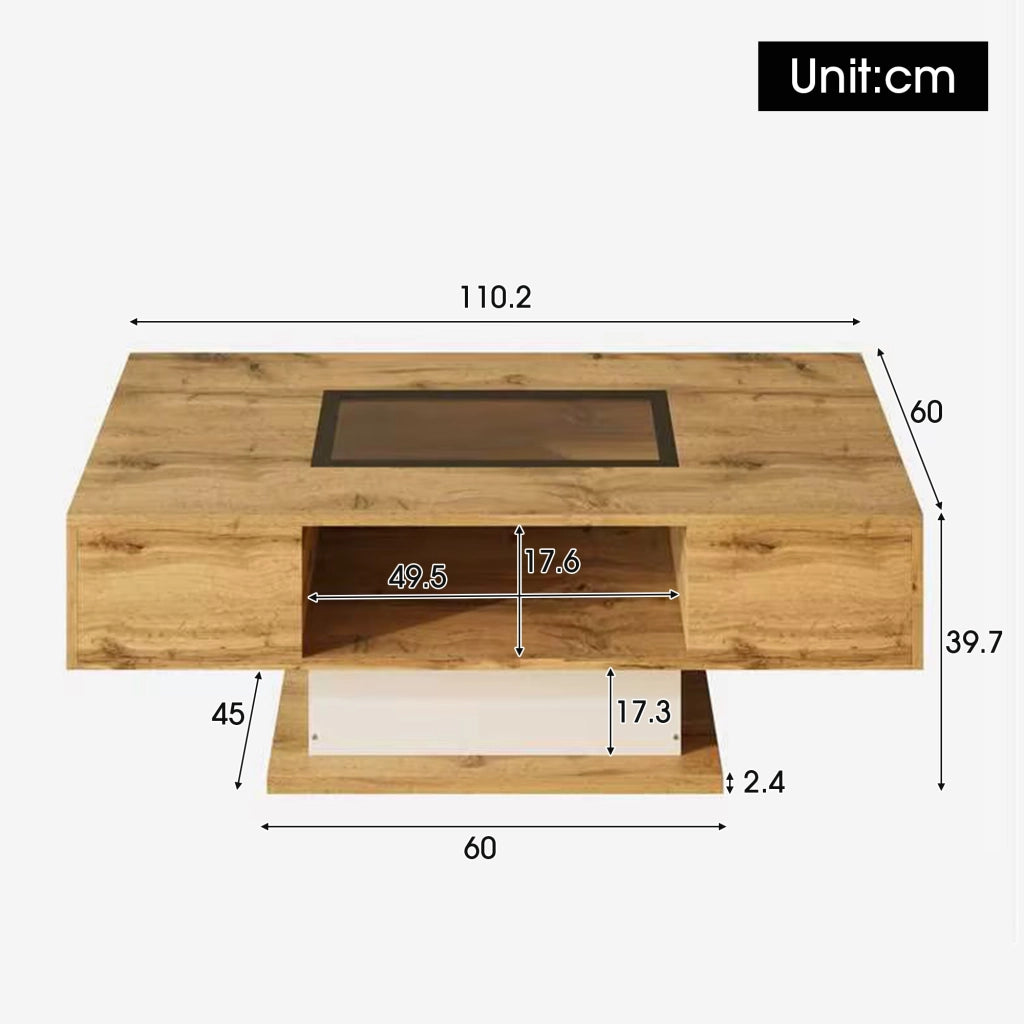 Tavolino da Caffè con 2 Cassetti e LED Regolabile; Piano in Vetro; Stile Moderno; in Pannello di Particelle; 110;2×60×39;7 cm; Naturale