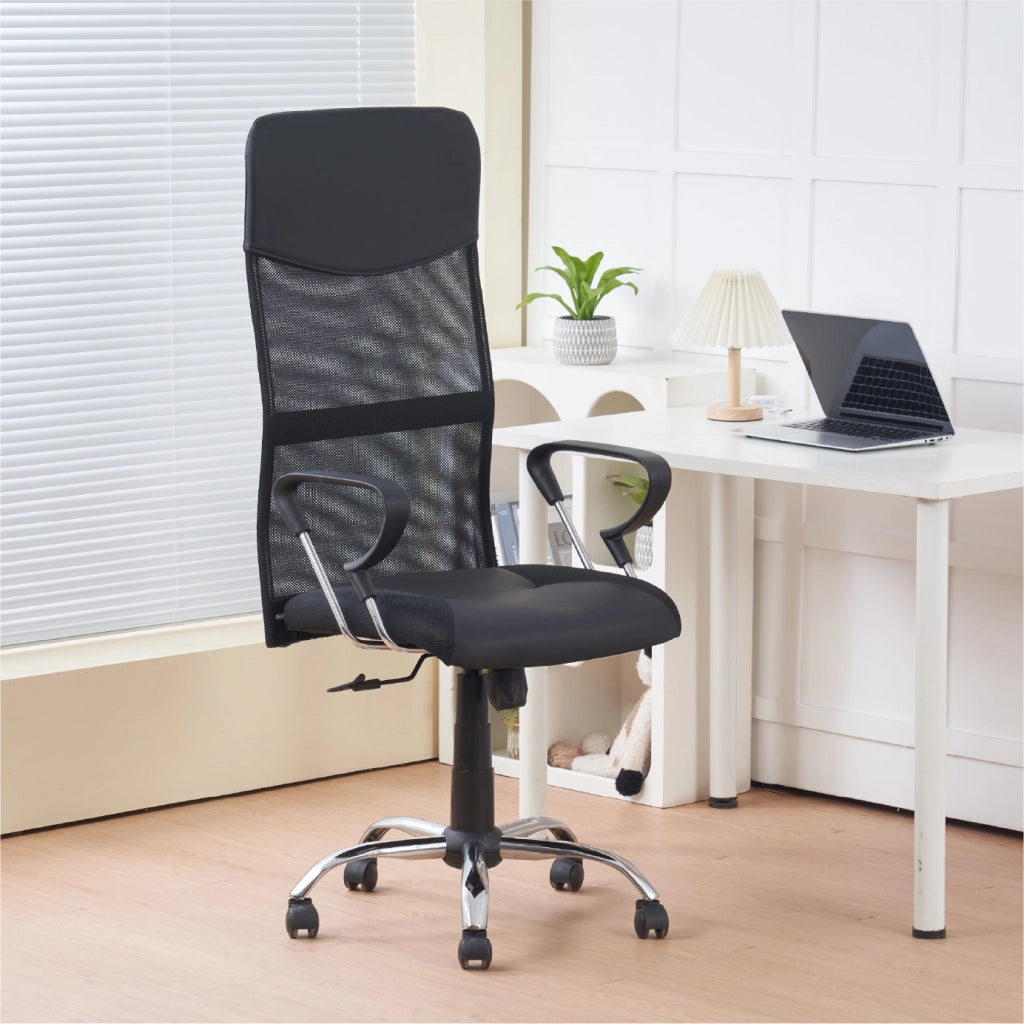 Sedia Presidenziale da Ufficio Ergonomica in Ecopelle e Rete Traspirante, Schienale Alto con Supporto Lombare, Altezza Regolabile, Base Cromata e Ruote 360