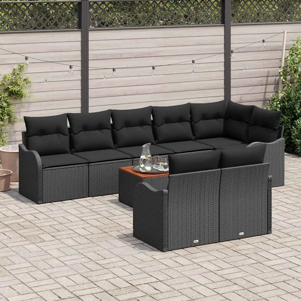 Set Divano da Giardino con cuscino 9 pcs Nero polyrattan