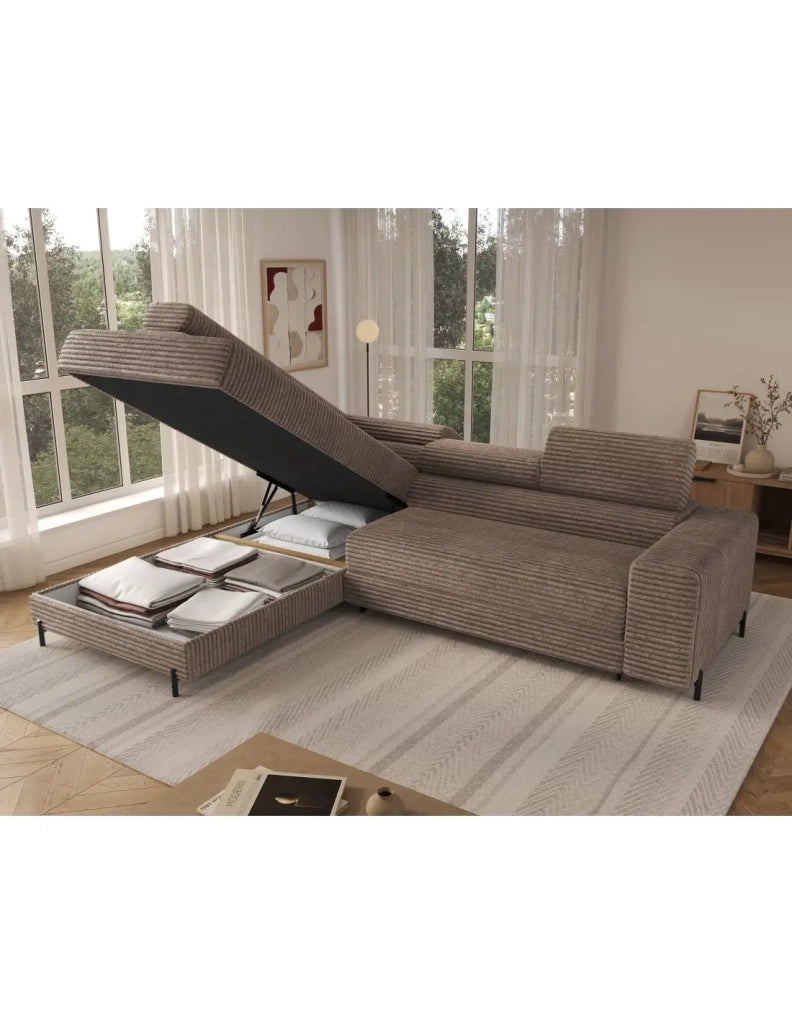 Divano ad angolo COLESIA convertibile 5 posti marrone chiaro velluto a coste – sinistra – 274x200cm