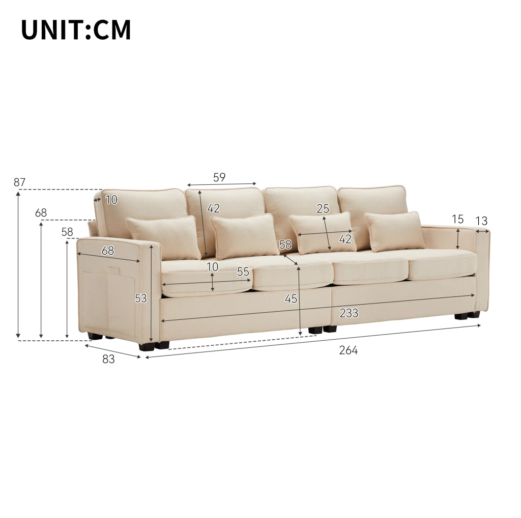 Sofa 264x83x87 cm con 4 cuscini lombari e tasche laterali in lino beige