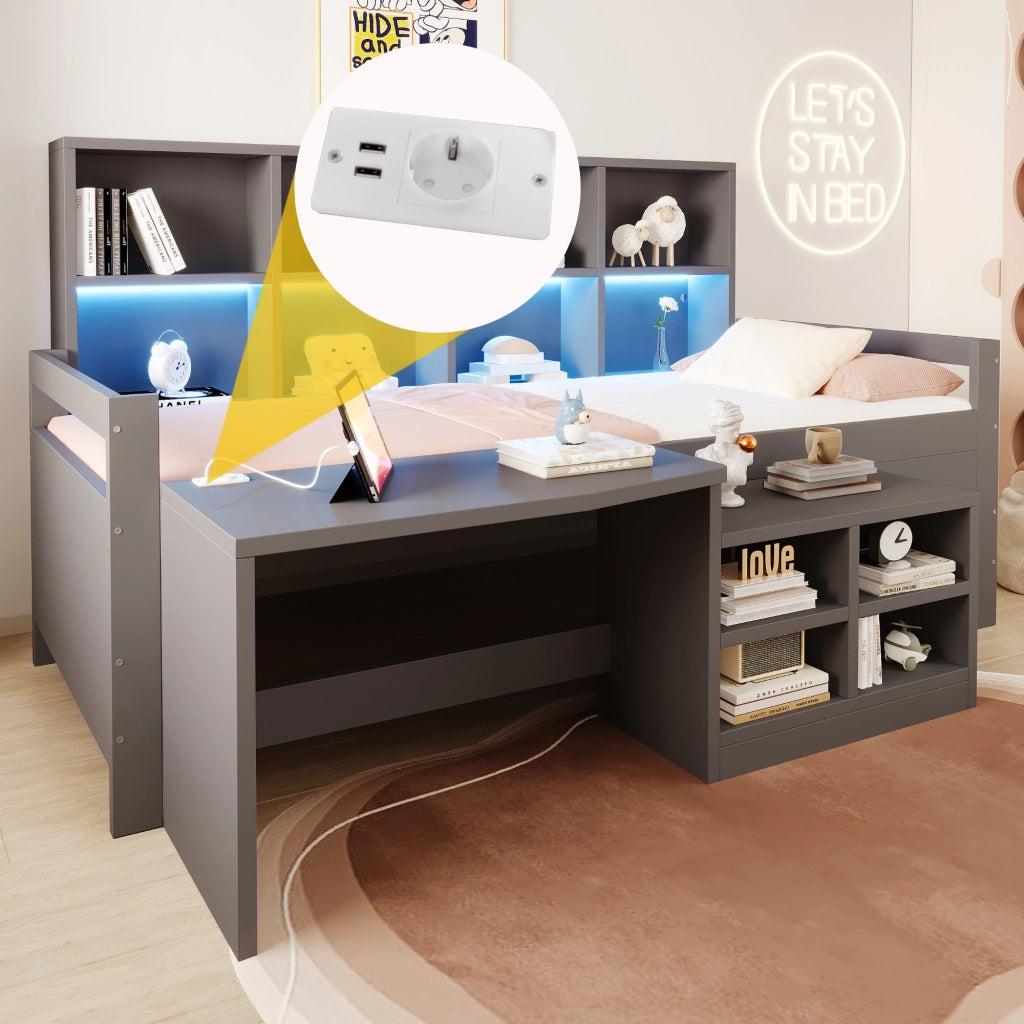 DESMIU Letto a soppalco 90 × 200 cm 1 posto con scrivania, vani contenitore, LED e prese USB, senza materasso, grigio