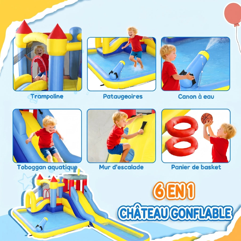 Castello gonfiabile per parco acquatico con scivoli, trampolino, parete arrampicata, cannone e canestro ¨C zephmum ¨C Colore variabile, Materiale PVC, Dimensioni variabili