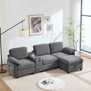Divano con memory foam console scorrevole USB-C tasche laterali e pouf contenitore in velluto a coste grigio scuro