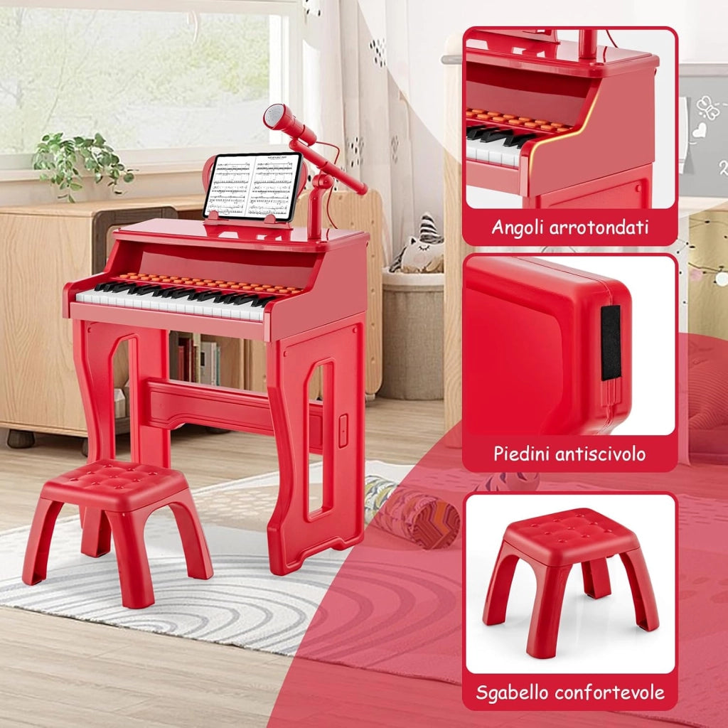 Set Pianoforte Elettrica a 37 Tasti, Tastiera Digitale con Microfono Regolabile, Supporto Rimovibile, Funzioni di Record e Playback, Pianoforte Giocattolo per Bambini 3+Anni (Rosso)