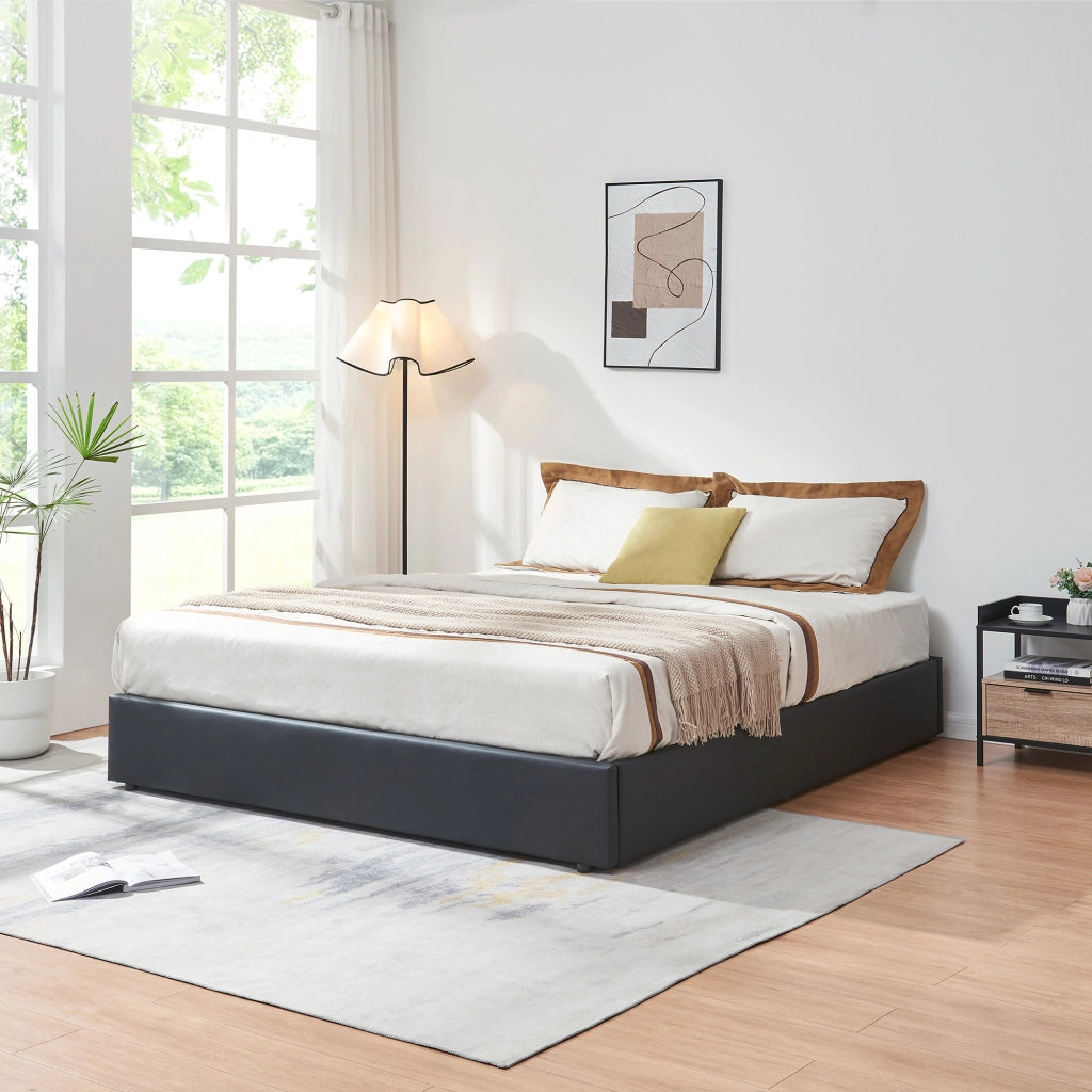 Letto Matrimoniale Contenitore Nola 180x200 cm Apertura a Ribalta Rivestito in Similpelle - Nero [en.casa]