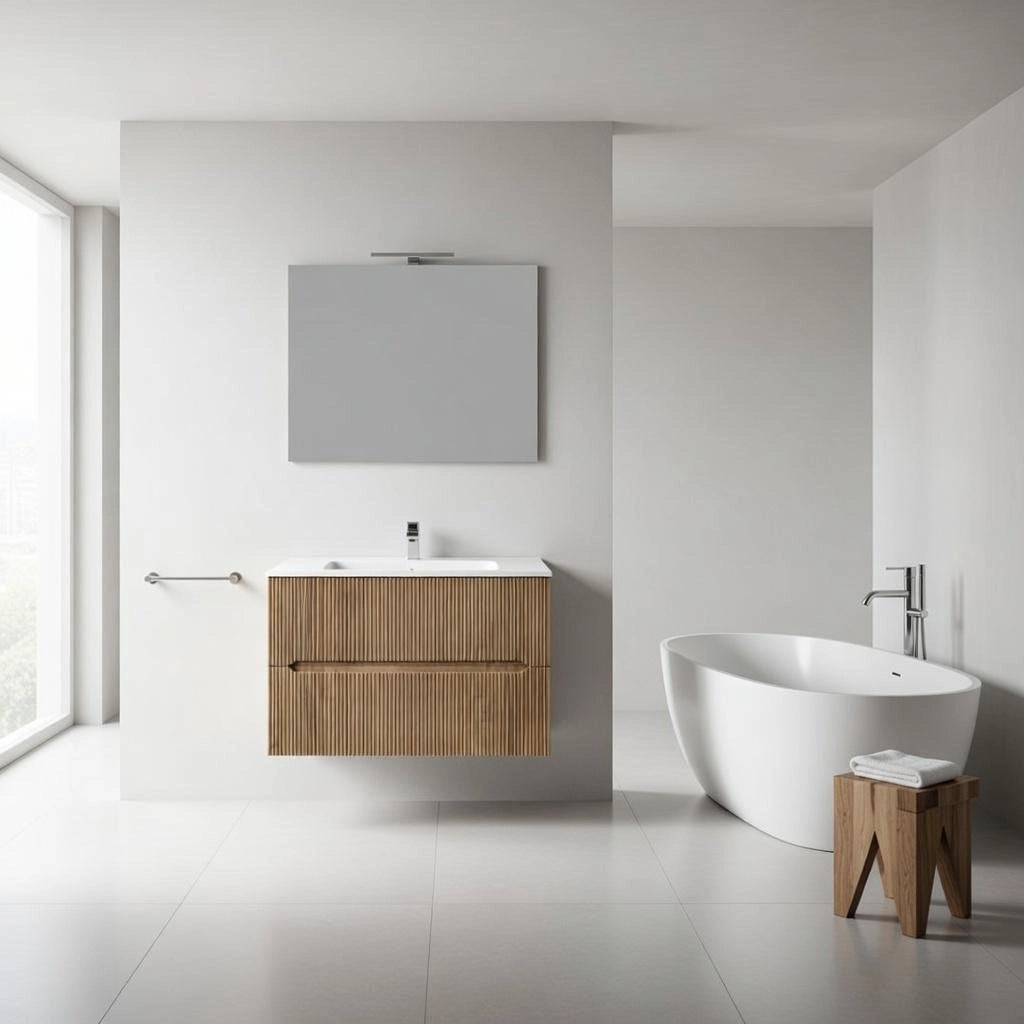 Composizione mobile bagno sospeso con cassetti cm 90 cannettato mod. STICK - Rovere Chiaro