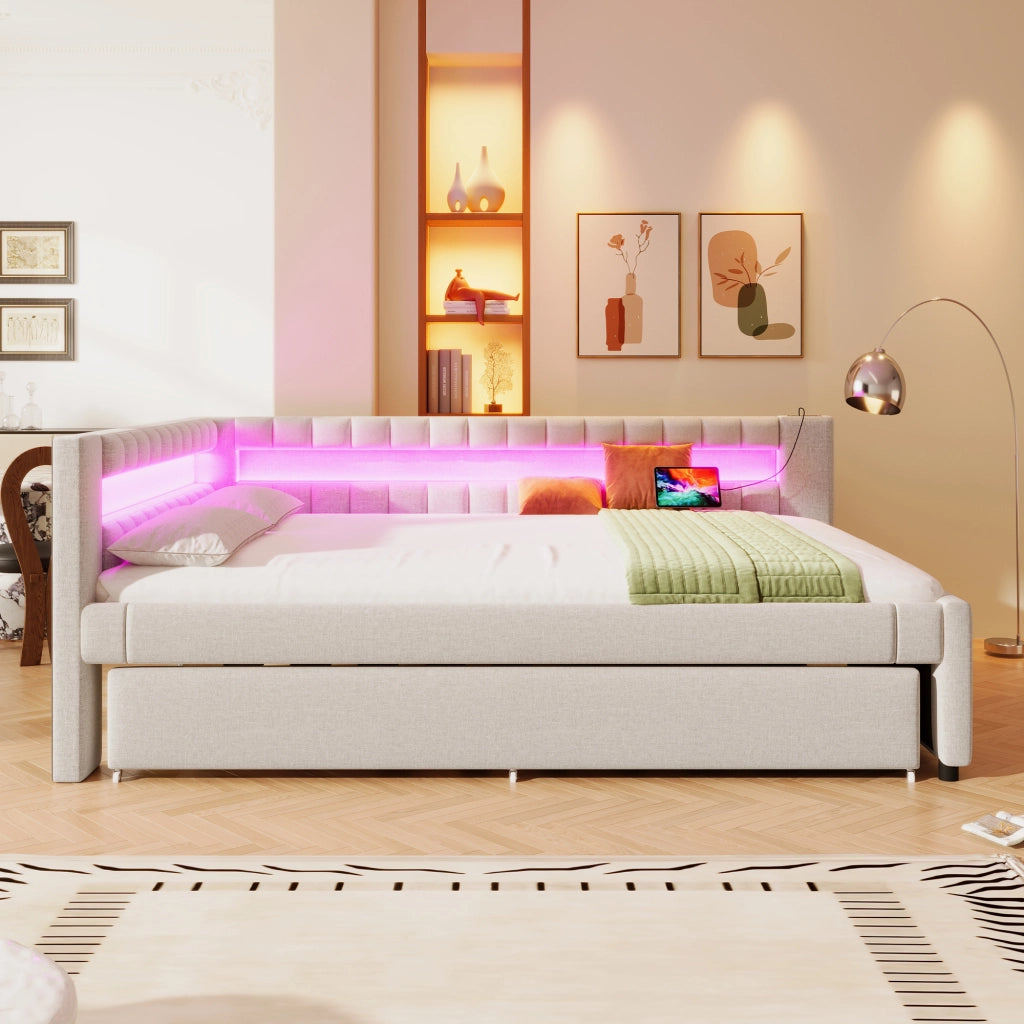 OKWISH Letto Divano 140×200 cm, Letto Matrimoniale con LED Regolabile, USB, Tipo C e Letto Estraibile, senza Materasso, in Lino, Beige