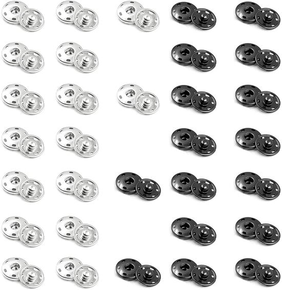 Set di Drukknoppi 32 pezzi - Drukknoppi in Rilievo - Nero/Argento - 10 mm - Metallo - per Abbigliamento/Portafogli - Drukknoppi in Rilievo