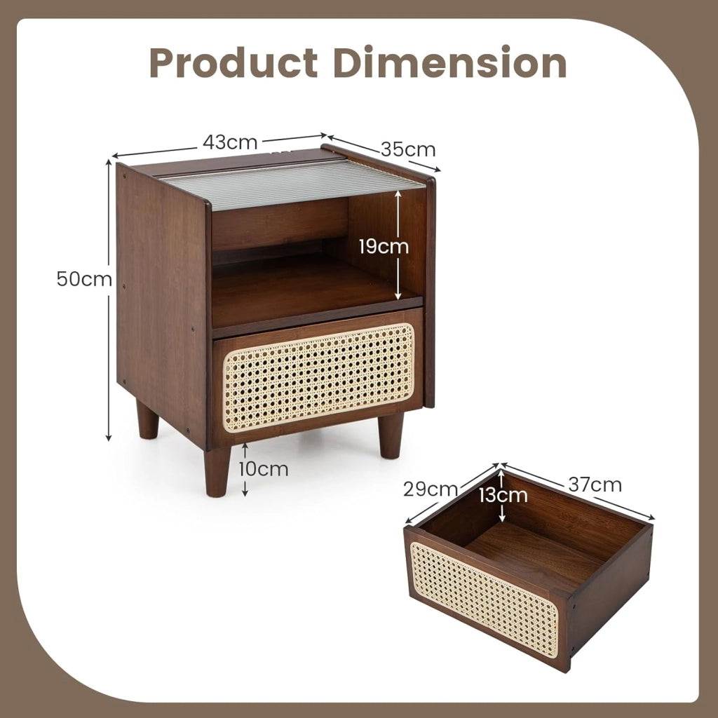 Comodino in Bambù, Comodone da Letto con Cassetto in Rattan e Scomparto Aperto, Tavolino con Piano in Vetro, 43 x 35 x 50 cm (1 Marrone)
