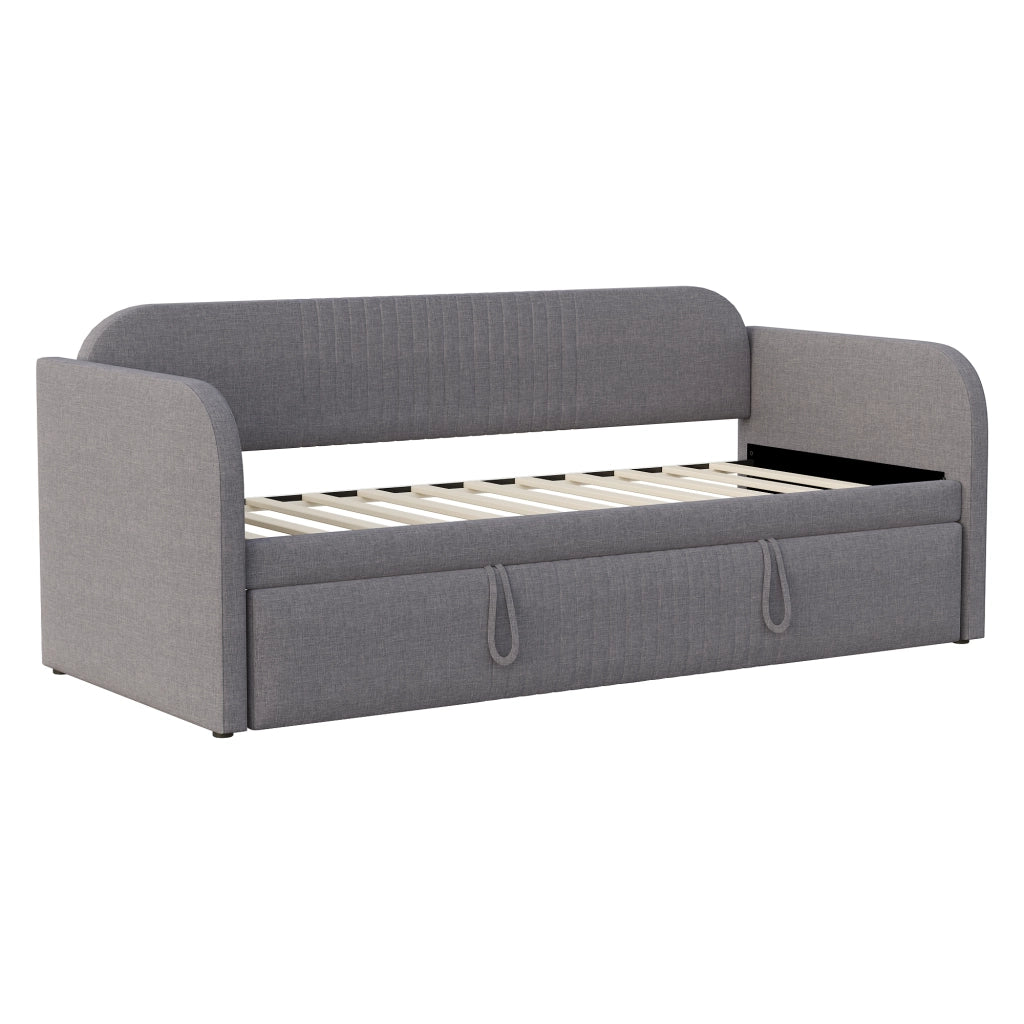 Letto imbottito estraibile 90x190/180x190 cm grigio con rete a doghe, in tessuto effetto lino, senza materasso