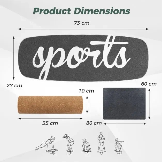 Tavola di Equilibrio Balance Board in Legno con Rullo in Sughero e Fermi 73x27 cm Robusta per Allenamento e Fitness Casa Nero