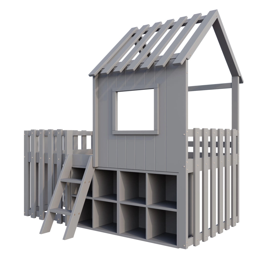 Letto a soppalco per bambini 90×200 cm con tetto; finestre; scala e vano portaoggetti; senza materasso; grigio