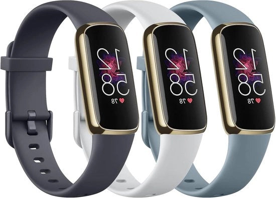 Set di 3 bende di silicone per signora e signore, bende sportive morbide, bende di riserva regolabili per Fitbit Luxe (S, mezzanotte/blu-grigio/grigio)