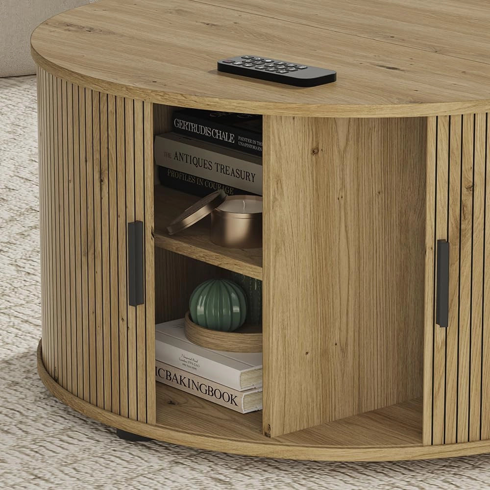 tavolino soggiorno Selva, Rovere, 80 x 80 cm con porta scorrevole, con funzione lift e piano del tavolo regolabile in altezza