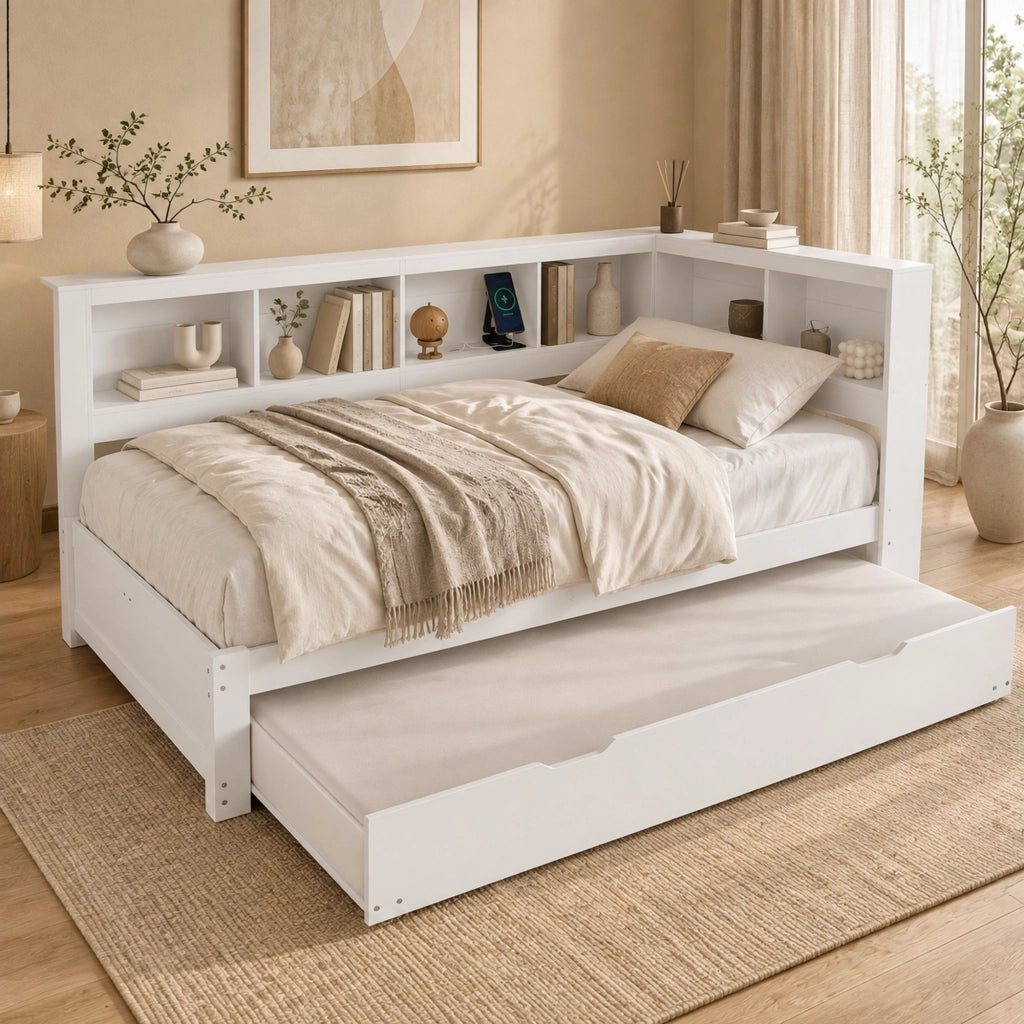 Letto singolo estraibile 90x200 cm bianco con USB