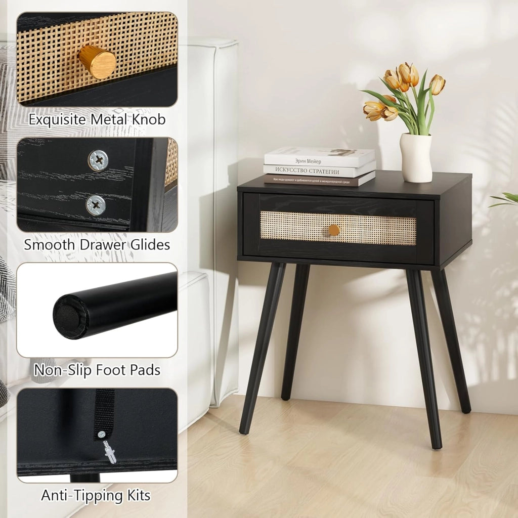 Comodino con Cassetto in Rattan, Comodino Camera da Letto in Stile Boho con Gambe in Legno di Pino, Tavolino Lato da Notte con Piedini Antiscivolo per Soggiorno, 48 x 40 x 58 cm (Nero)