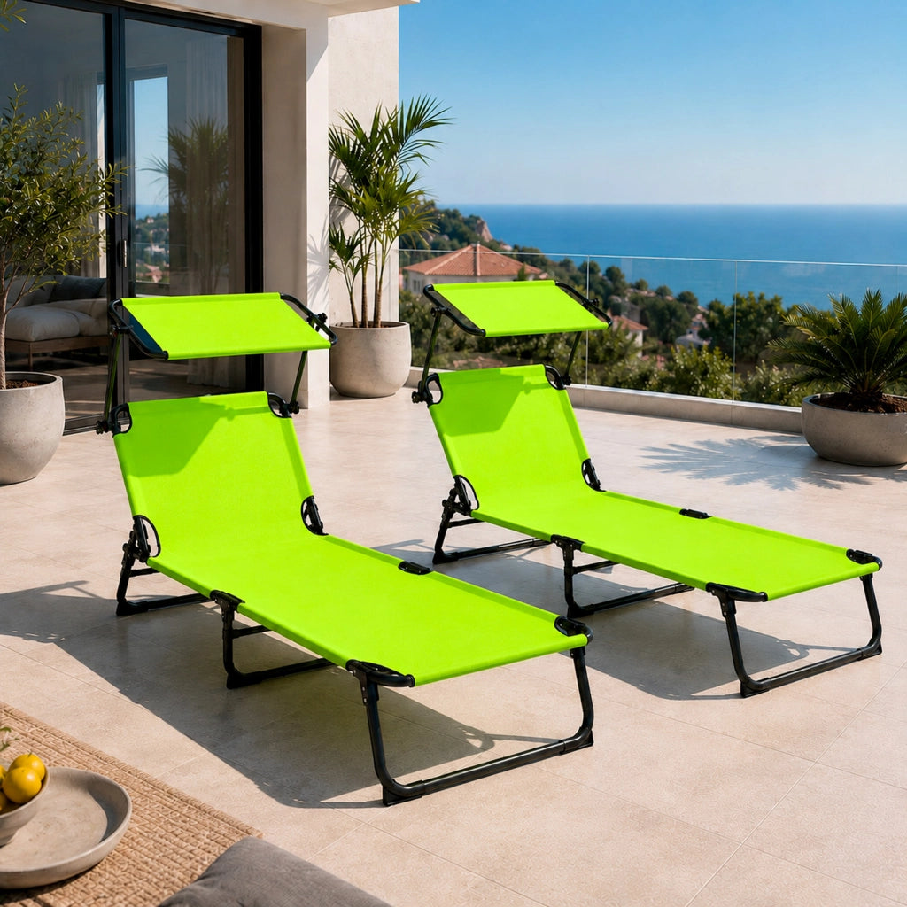 Set 2 Lettini Mare Pieghevoli Con Tettuccio Parasole Regolabile Schienale Reclinabile Sdraio Struttura In Acciaio Traspirante Ideali Per Spiaggia Giardino Campeggio Relax Estivo 24 x 187 x 53 Cm Verde Fluo