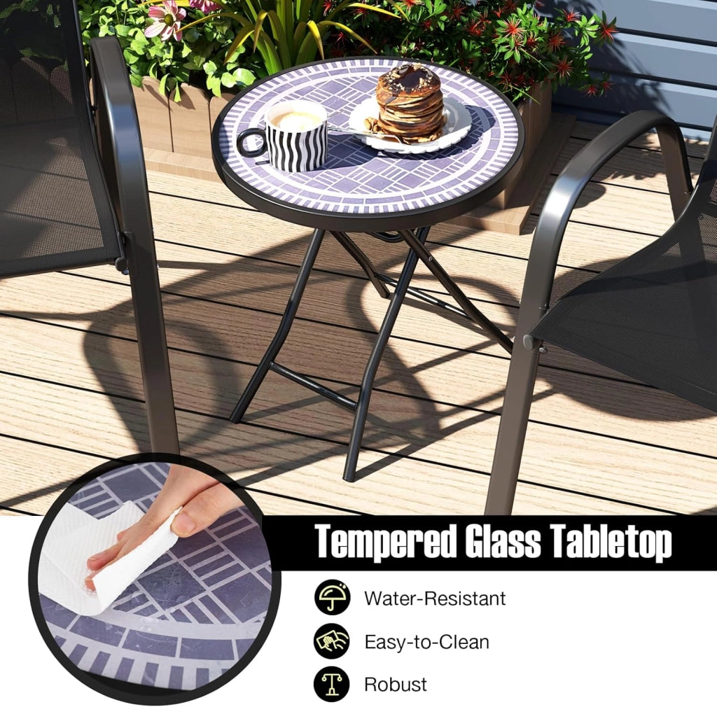 Tavolo da giardino rotondo pieghevole, tavolino da terrazza da 45,7 cm con piano in vetro temperato, telaio in metallo, interno esterno, per giardino, balcone, portico, soggiorno