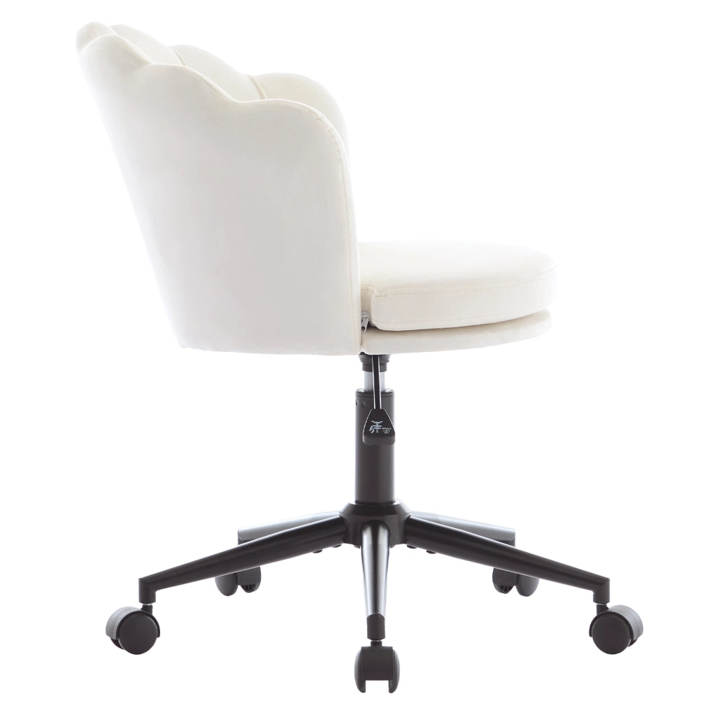 Sedia girevole regolabile in velluto beige con schienale a petalo e cuscino lombare