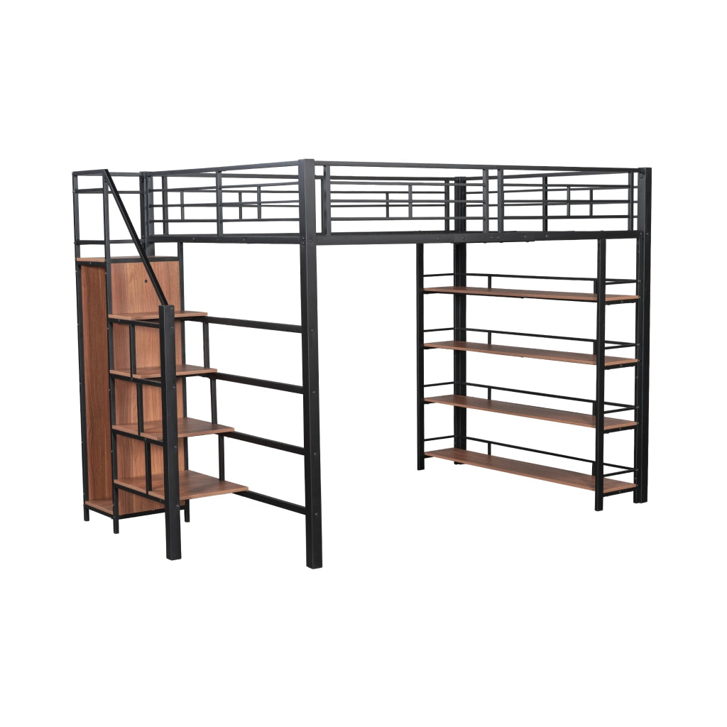 DESMIU Letto a Soppalco 2 Posti con Scala Contenitore, Armadio e Mensole 140 × 200 cm, Senza Materasso